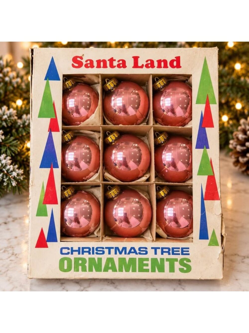 Vintage Santa Land Christmas tree ornaments.